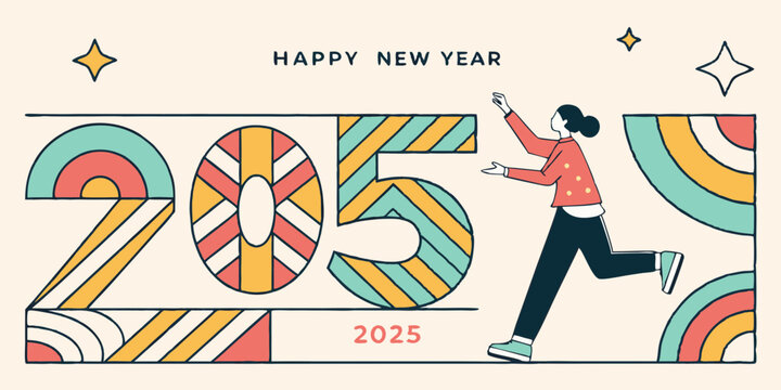 Creative concept of Happy New Year 2025 cards set. Modern abstract art design with geometric shapes. Templates for celebration, ads, branding, banner, cover, label, poster, sales