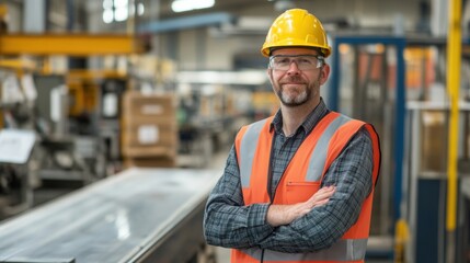 Leinwandbilder - An engineer stands proudly in an industrial factory, wearing safety gear and overseeing production activities with a focus on efficiency. Generative AI