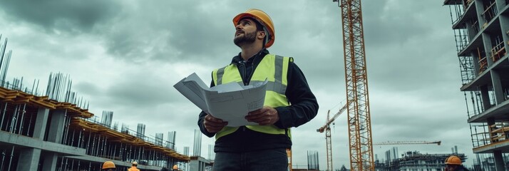 Fototapete - An engineer stands on a construction site, holding blueprints and monitoring the project under overcast skies with workers nearby. Generative AI