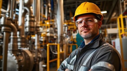 Leinwandbilder - A professional engineer stands with arms crossed in an industrial factory, wearing safety gear and overseeing operations in a complex setting. Generative AI