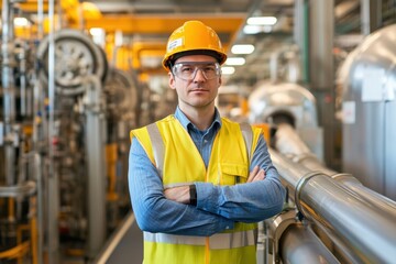 Aufkleber - An engineer wearing a safety vest and helmet poses in an industrial factory, surrounded by large machinery and pipes. Generative AI