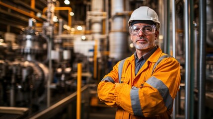 Leinwandbilder - An engineer stands with arms crossed, ensuring safety and efficiency in an industrial factory filled with machinery and equipment. Generative AI