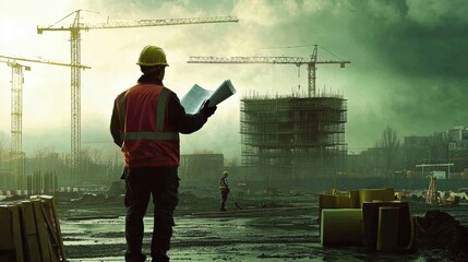 Poster - Engineer stands on construction site holding blueprints, surveying the area while cranes loom under a cloudy sky. Generative AI