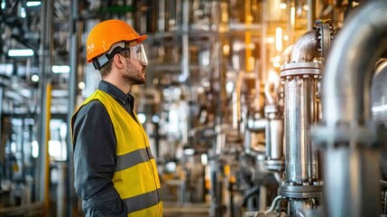Aufkleber - An engineer in safety gear observes machinery and equipment in an industrial factory, ensuring optimal performance and safety protocols. Generative AI