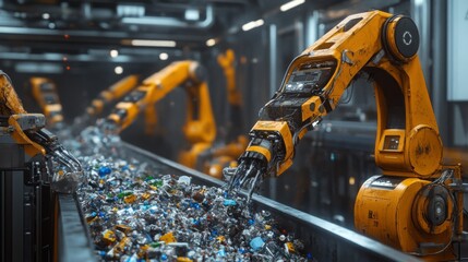 Fototapete - Advanced robotic arms work efficiently to sort through piles of recyclable materials in a waste management facility, highlighting modern technology's role in environmental sustainability.