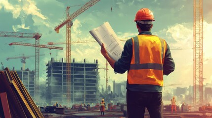 Fototapete - An engineer oversees a construction site at sunset, holding blueprints as work progresses, creating a dynamic atmosphere. Generative AI