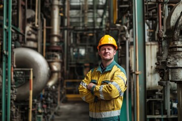 Leinwandbilder - The engineer, dressed in safety gear, surveys the industrial factory while standing amidst large machinery, ensuring operational efficiency. Generative AI