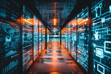 Poster - A corridor lined with servers is illuminated by vibrant neon lights, emphasizing the advanced technology and data systems crucial for modern computing, creating a futuristic atmosphere.