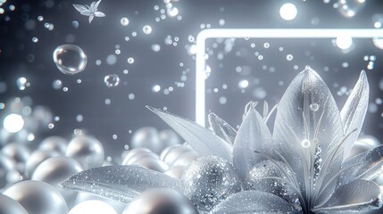 Elegant silver backdrop, pearl silver pearls nested centrally, silver glitter, enhanced with flying bubbles, a silver neon frame, and a shimmering silver neon lily for an abstract background