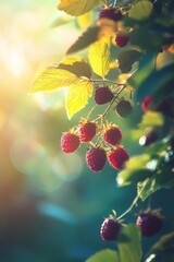 Sticker - Ripe raspberries glisten in warm afternoon sunlight among vibrant green leaves