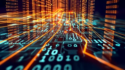 Poster - a futuristic digital network visualization with glowing orange and blue lines and data patterns, tra