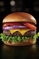 Wall Mural - Deliciously stacked burger with fresh vegetables and cheese on a dark background