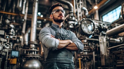 Aufkleber - An engineer wearing safety glasses stands in a bustling industrial factory, overseeing operations with a look of determination and focus. Generative AI