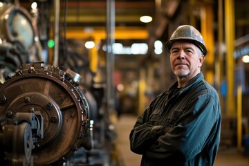 Poster - An engineer stands with arms crossed in an industrial factory, surrounded by heavy machinery and equipment, showcasing the workspace atmosphere. Generative AI