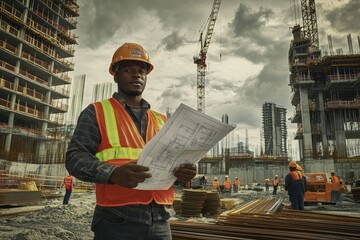 Fototapete - A construction engineer reviews blueprints while overseeing work at an active construction site with multiple workers and cranes around. Generative AI