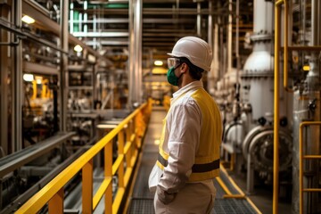Leinwandbilder - A focused engineer in safety gear stands in an industrial factory, carefully observing machinery and operations in a well-organized space. Generative AI