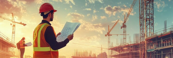 Fototapete - An engineer stands on a construction site holding blueprints while cranes loom in the background under a beautiful sunset sky. Generative AI