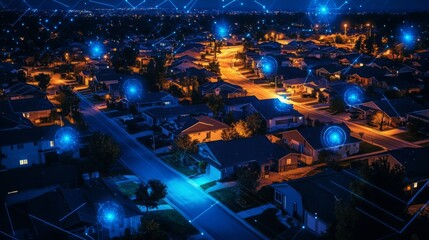 Poster - A nighttime aerial perspective showcases a residential area illuminated by streetlights. Houses are densely packed along streets, with glowing blue nodes overlaid to illustrate connectivity.