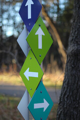 close-up of small signs showing arrows in different directions for a path metaphor decisions background
