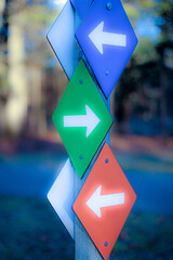 glowing group of signs with arrows for a trail. instructions that are conflicting confusion metaphor path decisions business life perspective background