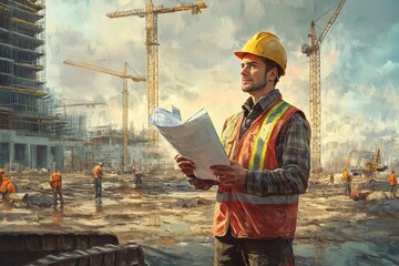 Poster - An engineer stands on a construction site, closely examining blueprints while overseeing workers and cranes in the background under a clear sky. Generative AI