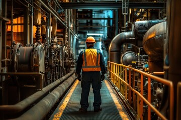 Leinwandbilder - An engineer in safety gear observes the industrial factory environment, surrounded by machinery and pipes, focusing on operational efficiency. Generative AI