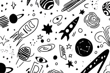Aufkleber - playful black and white doodles showcase a whimsical universe filled with planets, stars, rockets, a