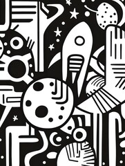 Aufkleber - Colorful doodles showcase planets, stars, astronauts, and rockets, creating a playful cosmic atmosphere filled with imagination. Generative AI