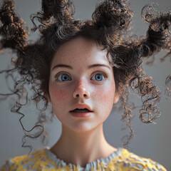 Young woman with curly hair and blue eyes is wearing a yellow dress. The image has a playful and fun mood, as the woman's hair is styled in a unique and creative way