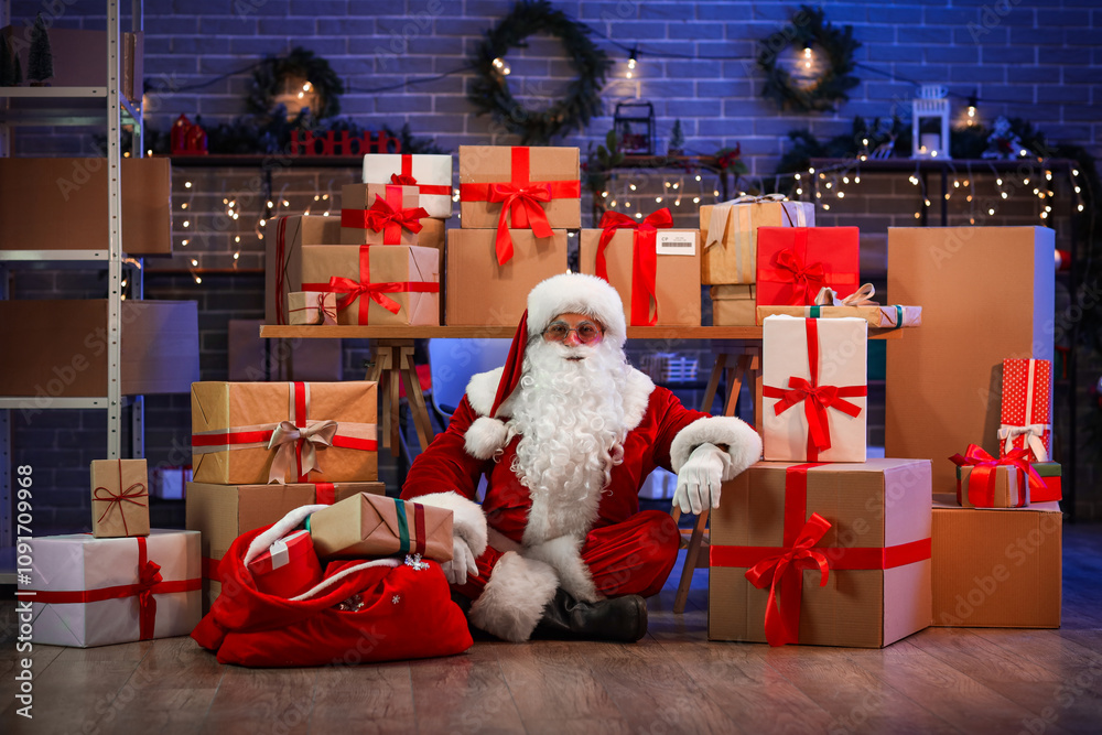 Santa Claus with many gift boxes and bag in post office