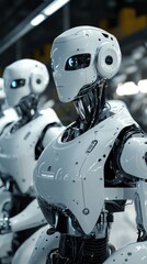 Poster - Futuristic humanoid robots in a high-tech manufacturing environment showcasing advanced technology and precision in artificial intelligence and robotics innovation