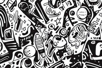 Aufkleber - A collection of abstract doodles featuring planets, stars, rockets, astronauts, and satellites in a playful and whimsical arrangement. Generative AI
