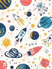 Aufkleber - Colorful and playful doodles showcase a whimsical cosmos filled with planets, stars, astronauts, and various rockets soaring through space. Generative AI