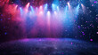 © Pickoloh - Neon spotlight stage background. Disco party projector light concert or show scene. Magic beam glow for nightclub or award winner with confetti glitter. Congratulation performance for celebrity