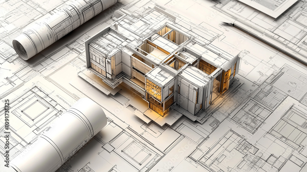 Detailed architectural blueprints with multiple building plans, rolled ...