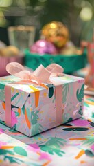 Wall Mural - Vibrant Birthday Gift Box with Artistic Wrapping Design for Festive Celebration