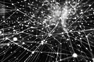 Fototapete - A complex web of lines and dots interconnected in a digital space, symbolizing data flow and network structures in a dark environment.