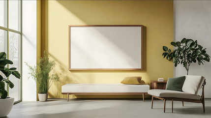  create empty rectangle frame mockup in white wood placed in a yellow and green colors tv room window with natural light the room also has a minimal design interior them