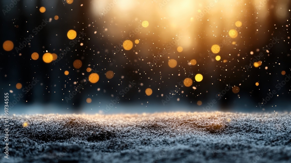 Glowing lights dance among snowflakes in a winter wonderland, creating ...