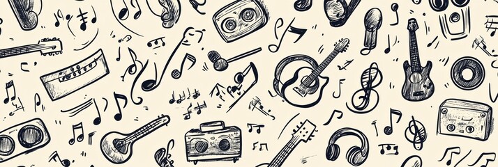 Poster - The pattern showcases various musical instruments, notes, headphones, and speakers, creating a lively and artistic atmosphere. Generative AI