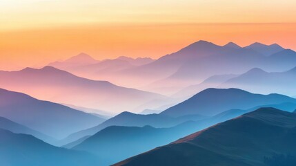 Poster - Vibrant colors fill the sky as the sun sets behind a range of mountains, creating layers of blue and purple across the horizon. Generative AI