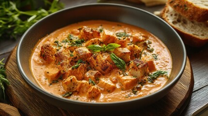 Wall Mural - Bowl of creamy tomato soup with croutons and herbs served with a side of bread