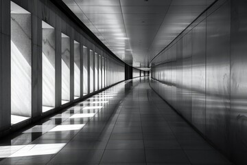 Poster - The corridor showcases a striking design with reflective walls and geometric patterns, enhanced by sunlight pouring through the windows, creating dramatic shadows.