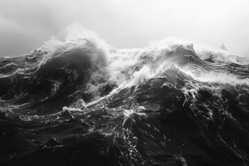 Wall Mural - A striking display of turbulent ocean waves surges dramatically as they clash against each other, highlighted by dark clouds overhead and an ominous atmosphere.