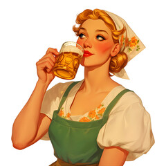 Wall Mural - Happy girl holding beer mugs isolated on transparent background. Oktoberfest festival celebration. Bar and pub culture. Brewing industry. Retro cartoon illustration for design banner, poster, menu