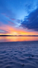 Poster - Vibrant sunset over a tranquil beach with a starry sky, AI