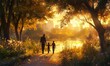 © Александр Михайлюк - A Family Strolls at Sunset in a Park, Enjoying Quality Time Together While Holding Hands Along a Scenic Pathway in Warm Golden Light