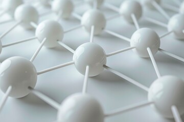 Poster - This composition showcases a network of white spheres linked by thin sticks, illustrating a molecular model variant against a minimalistic background.