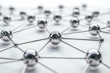 Poster - A network of shiny metallic spheres is interconnected by thin rods, creating an intricate structure that reflects light, emphasizing its geometric design and symmetry.