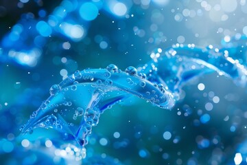 Poster - A vibrant blue surface is adorned with glistening water droplets that dance in the light, creating a captivating visual effect reminiscent of flowing water in a tranquil setting.
